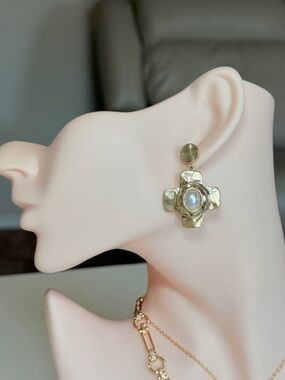 Gold Cross Floral Drop Earrings with Pearl Center